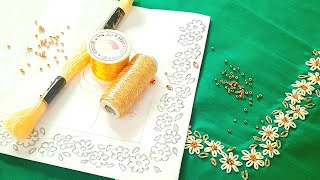 Lazydaisy flower embroidery design for kurtichuridar  neckline design for beginners [upl. by Longo]