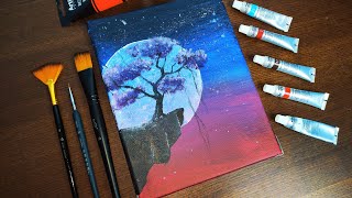 Cómo Pintar un Paisaje de Bosque y Luna  Técnicas de Pintura Acrílica Fácil [upl. by Yorke]