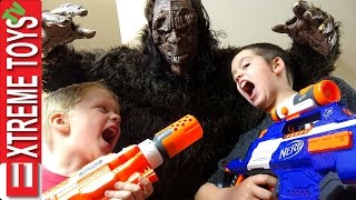 Wild Bigfoot Horror Sasquatch Monster Attacks Ethan and Cole With Nerf Blasters Fight the Beast [upl. by Euqinad17]