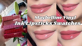 Maybelline Vinyl Ink Liquid Lipstick Swatches  Shades  Peachy Saucy Lippy and Irresistible [upl. by Gorges16]