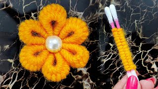 Easy Woolen Flower Making With Cotton Bud  Woolen Flower With Cotton Bud  Wool Flower [upl. by Nanyk673]