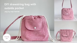 DIY drawstring bag with outside pocket  How to make a drawstring bag [upl. by Ayidah]