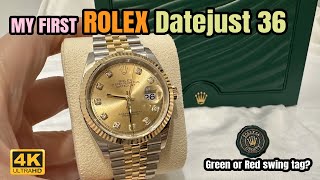 my First ROLEX Datejust 36 Diamond dial in Yellow Gold  Green or Red swing tag [upl. by Akirre]