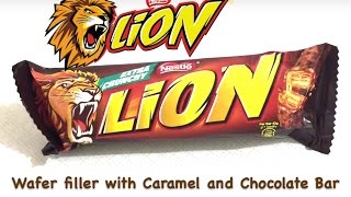 Nestle LION Filled wafer with caramel and chocolate bar Candy Review [upl. by Enecnarf]