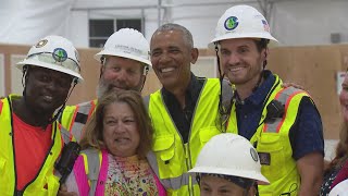 Obama surprises construction workers at presidential center site [upl. by Arayt]