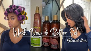 WASH DAY amp SILKY ROLLER SET ON RELAXED HAIR  Silk Elements Products [upl. by Ecnerrot]