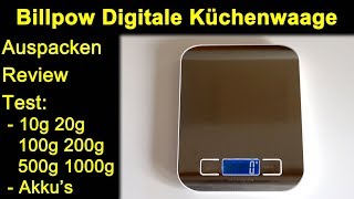 Billpow Digitale Küchenwaage  Auspacken Review Test mit 10g  1000g sowie Milch und Akku Betrieb [upl. by Sorce]