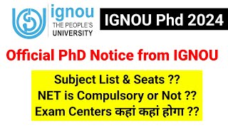 IGNOU PhD Subject List amp Seats 2024  IGNOU PhD Admission Notification 2023 24  PhD Admission 2024 [upl. by Hesoj]