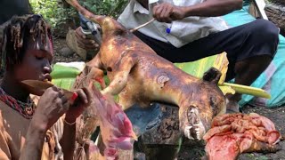 Hadzabe Tribe Bush Pig Hunt and Cooking in the WildHunt to Survive [upl. by Ahsaela]