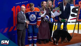 Oilers Connor McDavid Celebrates 1000 Points With Family And Dog [upl. by Atsedom]