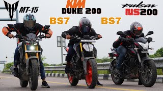 Duke 200 LED vs NS200 BS7 vs MT15 V2 Drag Race [upl. by Boorer]