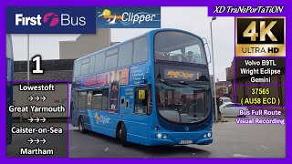 First Eastern Counties Coastal Clipper  1  Lowestoft Bus Station ➝ Martham Cess Road【4K UW】 [upl. by Silberman671]