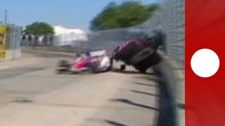 Video Dramatic crash at IndyCar 2013 Houston Grand Prix pilot Dario Franchitti injured [upl. by Wendy]