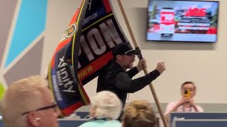 Dale Earnhardt Jr Runs into Media Center with Championship Flag quotWere Going Full Throttlequot [upl. by Abran]