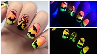 Easy Neon Halloween Nails Freehand Nail Art [upl. by Kajdan]