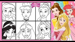 Disney PRINCESSES Faces Together Coloring Page ARIEL BELLE JASMINE CINDERELLA AURORA RAPUNZEL Fun [upl. by Nellaf]