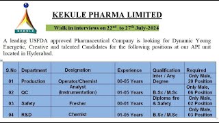 Freshers amp Experience WalkinProductionQCSafetyRampDKekule Pharma Ltd  InterAny DegreeBscMsc [upl. by Blockus166]