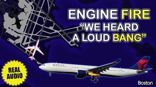 ENGINE FIRE on runway Delta Airbus A330 reports loud bang before takeoff from Boston Real ATC [upl. by Ahsiram]