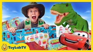 Giant Surprise Toys for TRex Dinosaur Toy Search with Cars 3 Toys in Family Fun Video for Kids [upl. by Labotsirhc65]