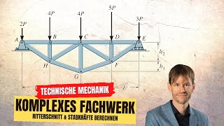 Komplexes Fachwerk Ritterschnitt Stabkräfte Technische Mechanik Statik [upl. by Lovering607]