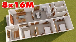 Mặt Bằng Nhà Cấp 4 DT 8x16M Có 3 Phòng Ngủ Đẹp Giá Rẻ  Kiến Trúc Nhà Việt [upl. by Saideman]