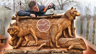 AMAZING CHAINSAW wood carving WOLVES basrelief [upl. by Ecire]