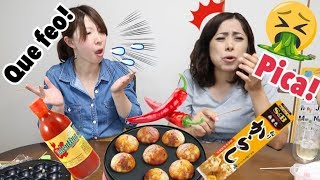 RETO Pizza Challenge a la JAPONESA TAKOYAKI de sabores feos  🇯🇵🇲🇽 Mio y de Sandy [upl. by Silvers]