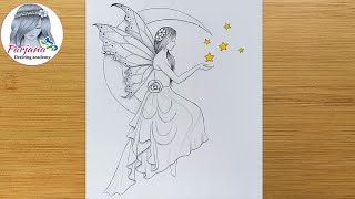 A fairy is sitting on the Moon  Pencil Sketch  How to draw Fairy Dreams Scenery  peri çizimi [upl. by Rosa978]