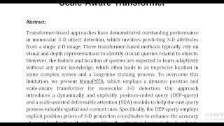 MonoPSTR Monocular 3 D Object Detection With Dynamic Position and Scale Aware Transformer [upl. by Anitsihc]