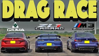 2023 BMW M3 Competition vs Alfa Romeo Giulia Quadrifoglio vs Chevy Camaro ZL Drag and Roll Race [upl. by Bazar]