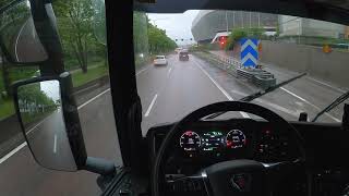 Scania p360 Hybrid  Motorway driving thru Stockholm city Rainy ASMR asmr [upl. by Yatnod136]