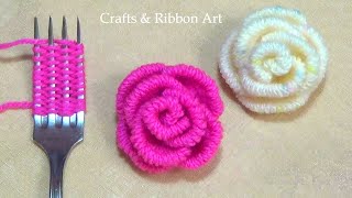 Amazing Trick with Fork  Easy Woolen Rose Making  Hand Embroidery Hack  DIY Woolen Flowers [upl. by Elrebma]