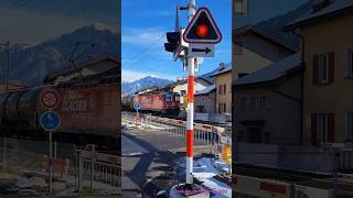 RhB Güterzug beim Bahnübergang in DomatEms  Kanton Graubünden  Schweiz 2024  shorts [upl. by Sucramej]