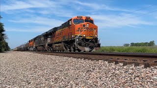 Slow moving BNSF Cargill Feed train w NS Gevo BNSF Transcon Emporia sub61923 [upl. by Anum]