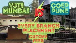 VJTI MUMBAI VS COEP PUNE EVERY BRANCH PLACEMENTS COMPARISON FEES amp CUTOFF COMPARISON  MHTCET 2024 [upl. by Aniuqahs224]