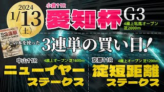 2024年1月13日土小倉11R【愛知杯G3】京都11R【淀短距離ステークス】中山11R 【ニューイヤーステークス】の3連単の買い目 [upl. by Nyletac454]