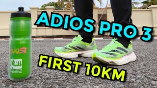 ADIDAS ADIOS PRO 3 REVIEW 10KM PERTAMA [upl. by Shrier450]