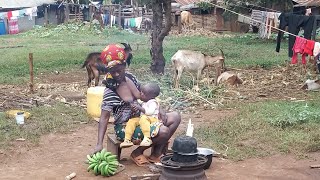 Cooking green bananas and white beans in a Primitive African villageAfrican village life [upl. by Thais]