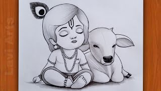 How to draw Krishna with Cow  Krishna drawing  Easy drawing step by step  pencil Sketch [upl. by Acirema]